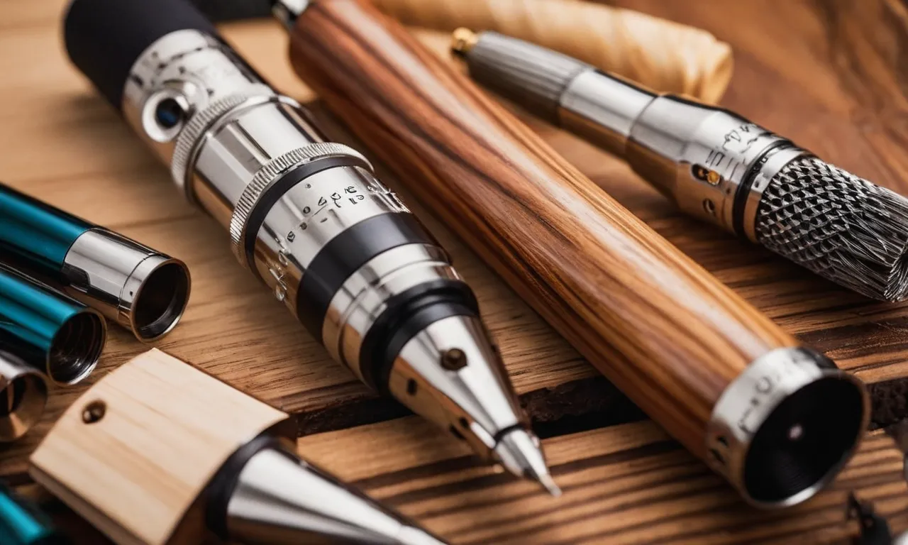 A close-up photo capturing the intricate details of a beginner's wood burning kit, showcasing the various interchangeable tips and a finished wooden artwork.