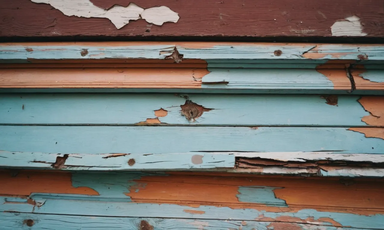 A close-up photo of a weathered wooden surface covered in peeling paint, revealing layers of different colors, showcasing the need for the best exterior primer to restore its beauty.