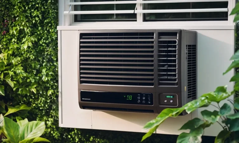 A close-up shot of a sleek, modern window air conditioner, featuring an energy efficiency label and surrounded by lush greenery, highlighting its eco-friendly and cooling capabilities.