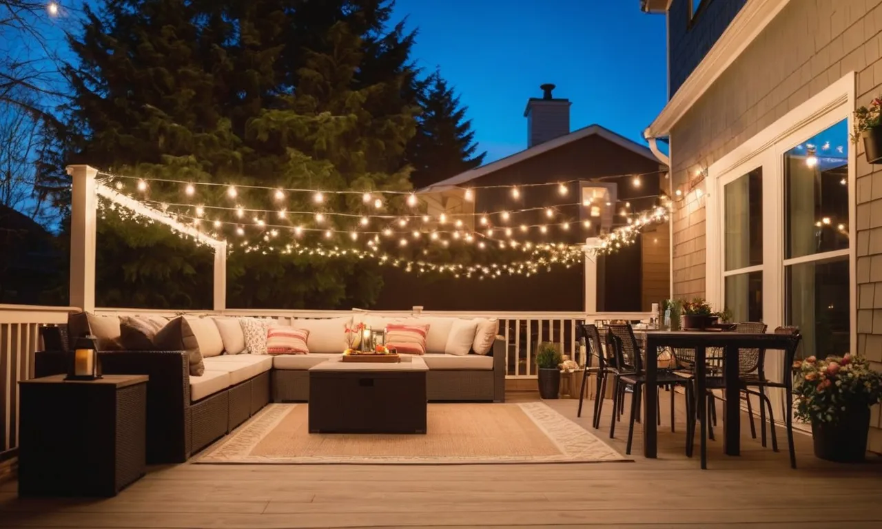 A captivating photo capturing a patio adorned with twinkling outdoor string lights. The warm glow creates a cozy atmosphere, perfect for outdoor gatherings and creating lasting memories.