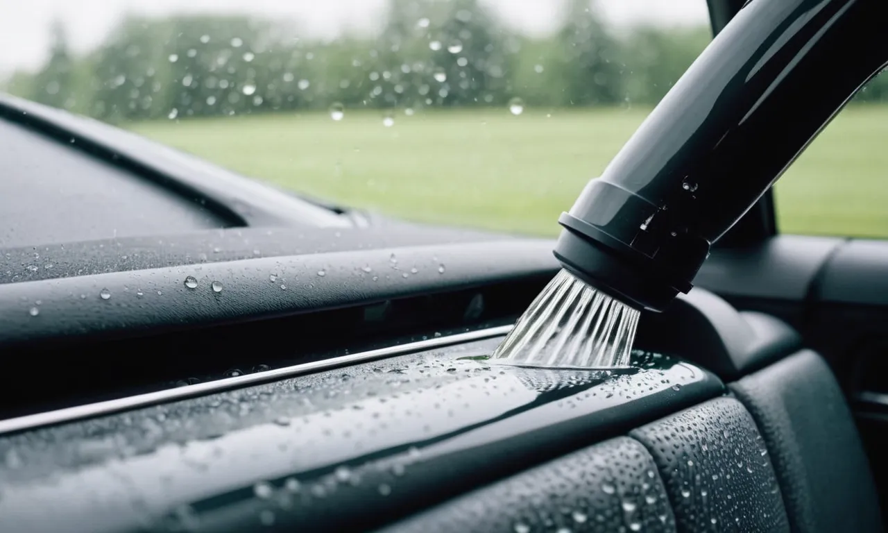 A close-up shot of a wet vacuum cleaner nozzle extracting water droplets from the car's upholstery, capturing the efficiency and effectiveness of the best wet vacuum cleaner for car.