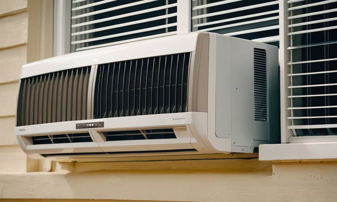 A close-up shot captures a sleek, energy-efficient 6000 BTU window air conditioner installed in a window, providing a cool breeze on a hot summer day.