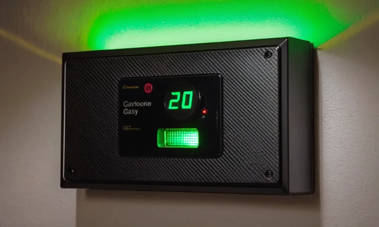 A photo of a modern carbon monoxide and gas detector mounted on a wall, displaying a green LED light indicating safety, providing a sense of security and protection for a family.