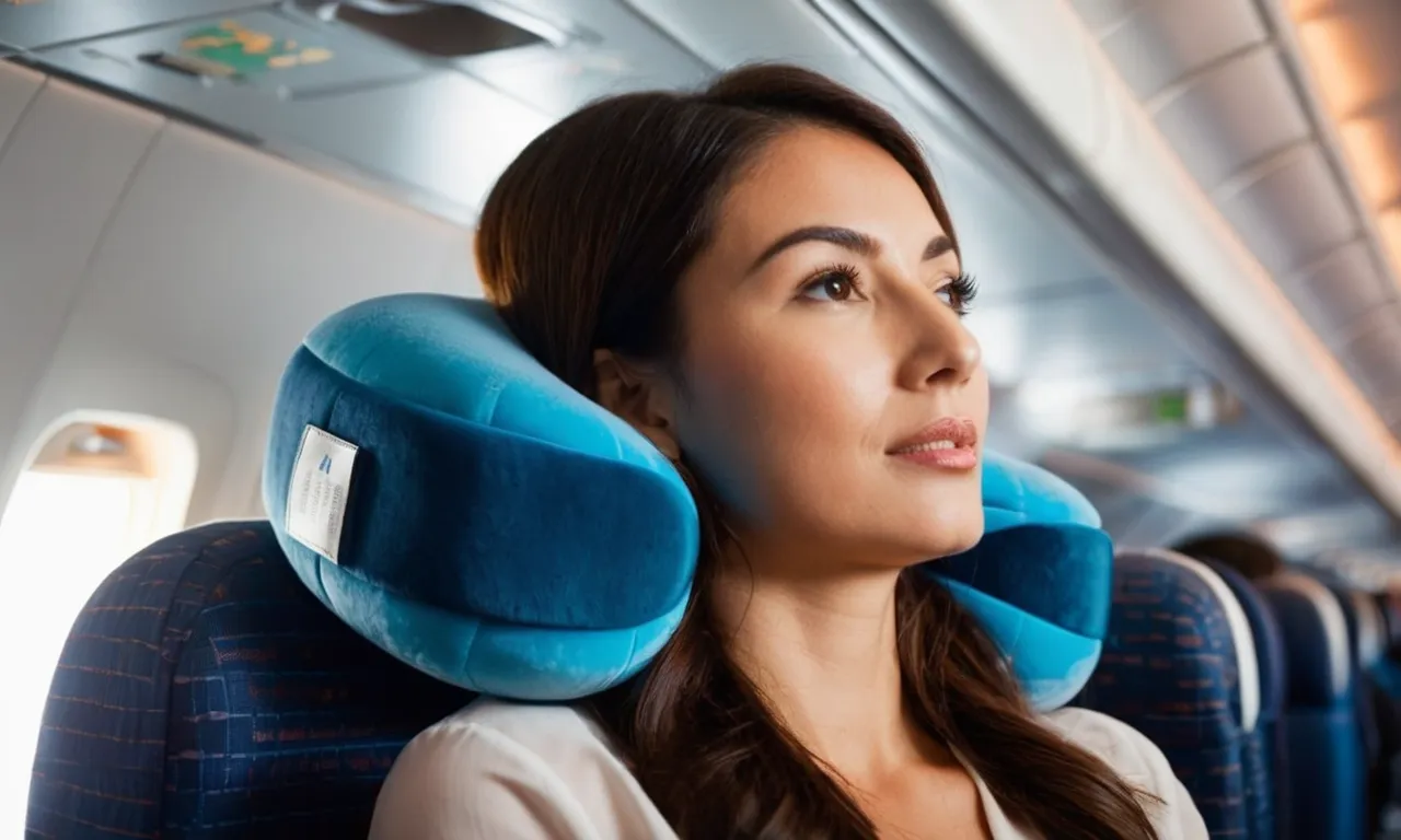 A close-up shot of a plush, memory foam travel pillow resting comfortably around the neck of a traveler, providing optimal support and comfort during a long haul flight.