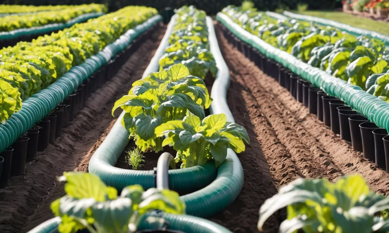 A close-up shot of a perfectly watered vegetable garden, showcasing a soaker hose snaking through the rows, ensuring even hydration and promoting healthy growth.