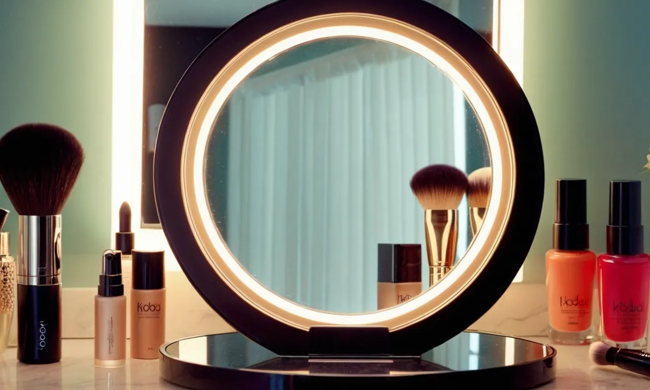 A close-up shot of a sleek, illuminated makeup mirror with magnification, casting a soft, flattering glow on a perfectly organized vanity, enticing beauty enthusiasts to indulge in a flawless makeup application.