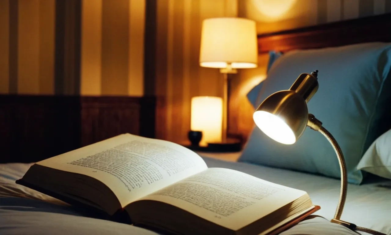 A close-up shot of a sleek, clip-on reading light perfectly attached to a bed headboard, casting a warm glow onto a book, creating a cozy and comfortable reading environment.