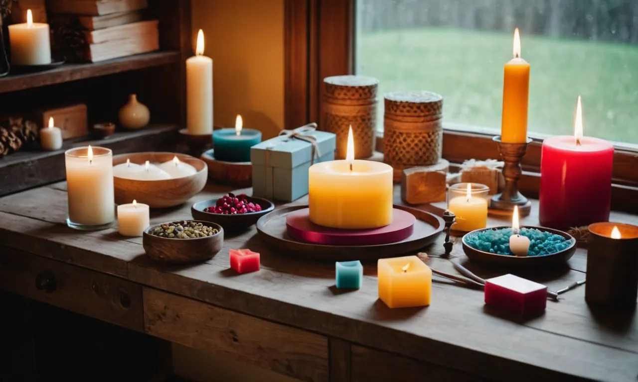 A captivating photo showcasing a beautifully arranged table with various candle making kits for adults, featuring colorful wax blocks, molds, wicks, and tools, creating an inviting atmosphere for creativity and relaxation.
