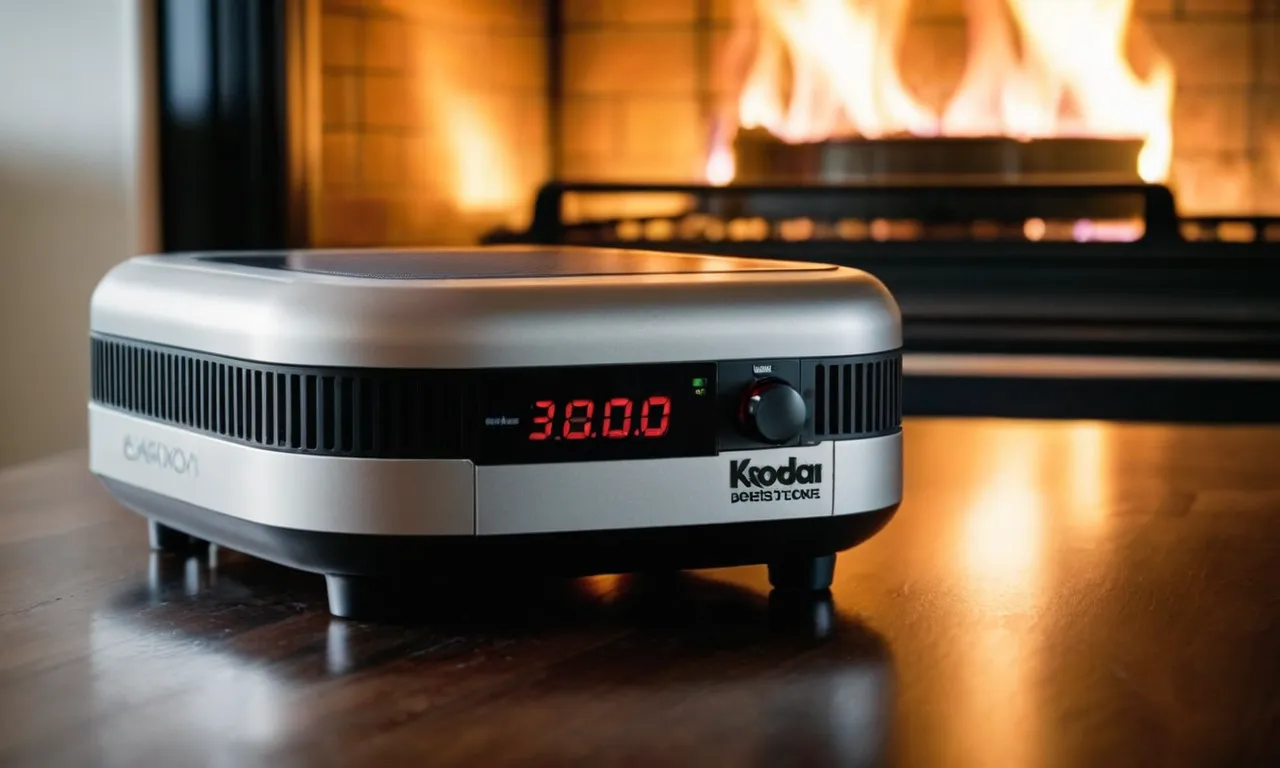 A close-up photograph capturing the sleek design of a compact low-level carbon monoxide detector, positioned near a gas stove, providing reliable protection in residential environments.