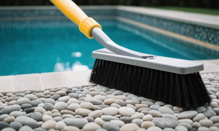 A close-up shot of a pool brush with sturdy bristles gliding effortlessly over the textured surface of a stunning pebble tec pool, ensuring a thorough and efficient cleaning process.