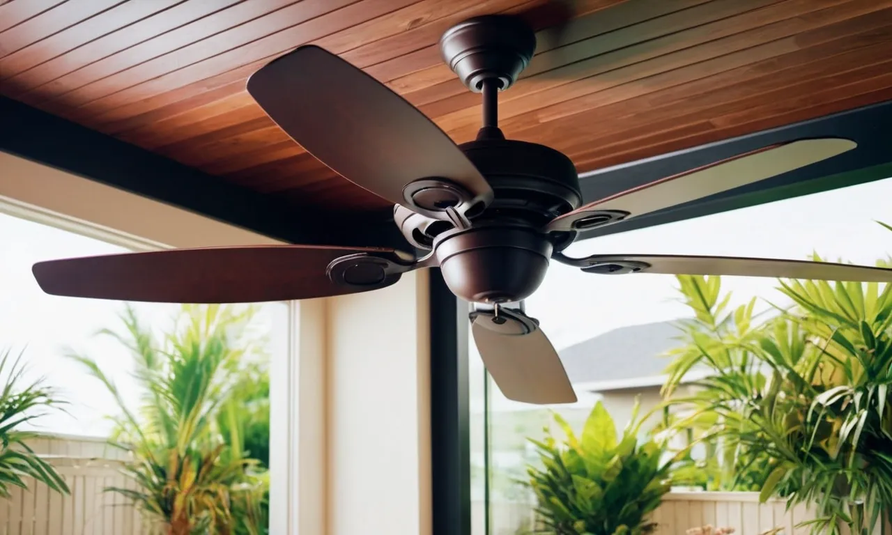 A captivating photo showcasing an inviting outdoor space adorned with the best wet rated outdoor ceiling fans, with their blades gently rotating, creating a cool and refreshing breeze.
