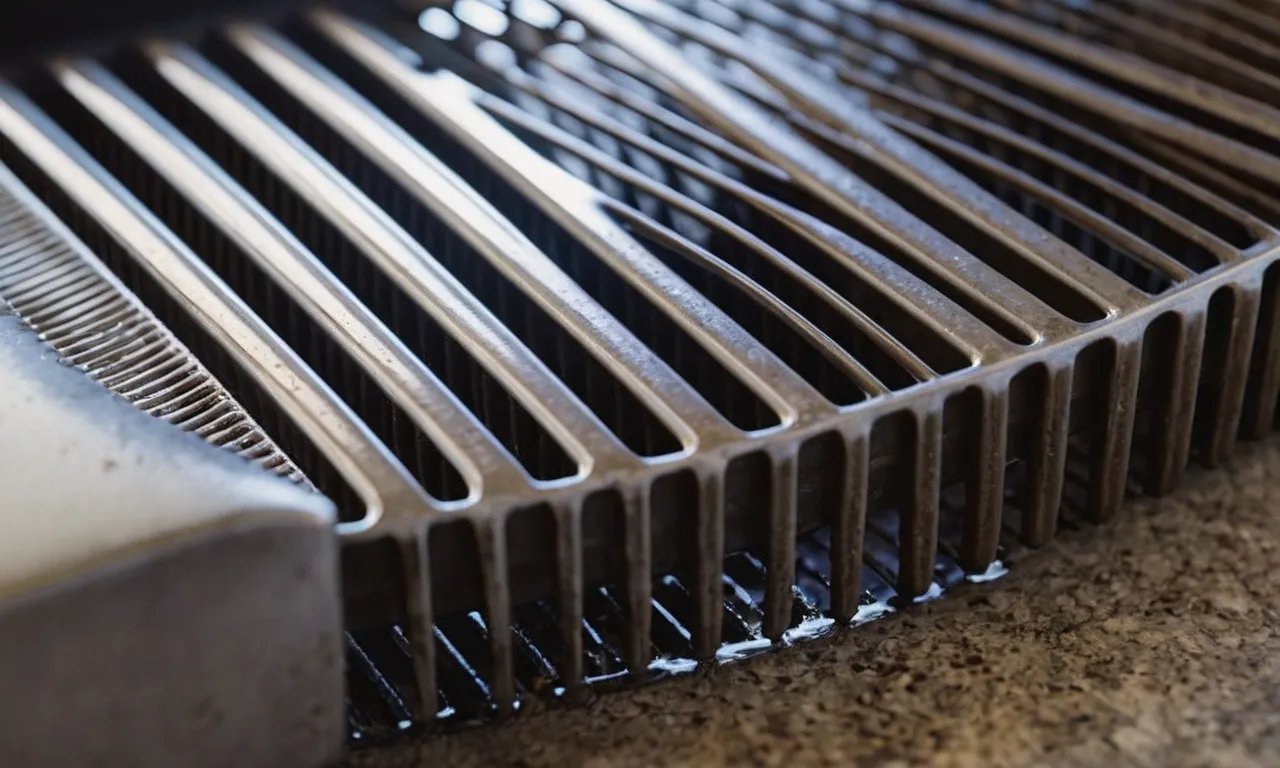 A close-up shot of a shiny porcelain grill grate being scrubbed clean by a sturdy grill brush, removing all traces of residue and revealing its pristine surface.