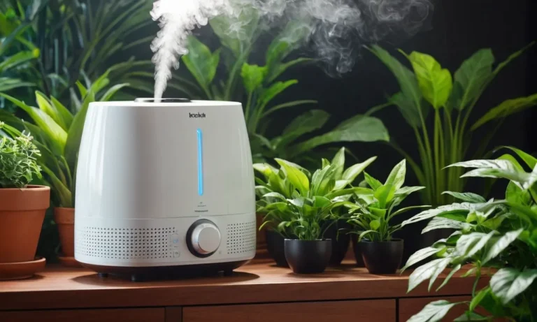 A close-up shot of a sleek, modern humidifier releasing a fine mist, surrounded by a backdrop of vibrant green plants, providing relief for allergies and sinus sufferers.