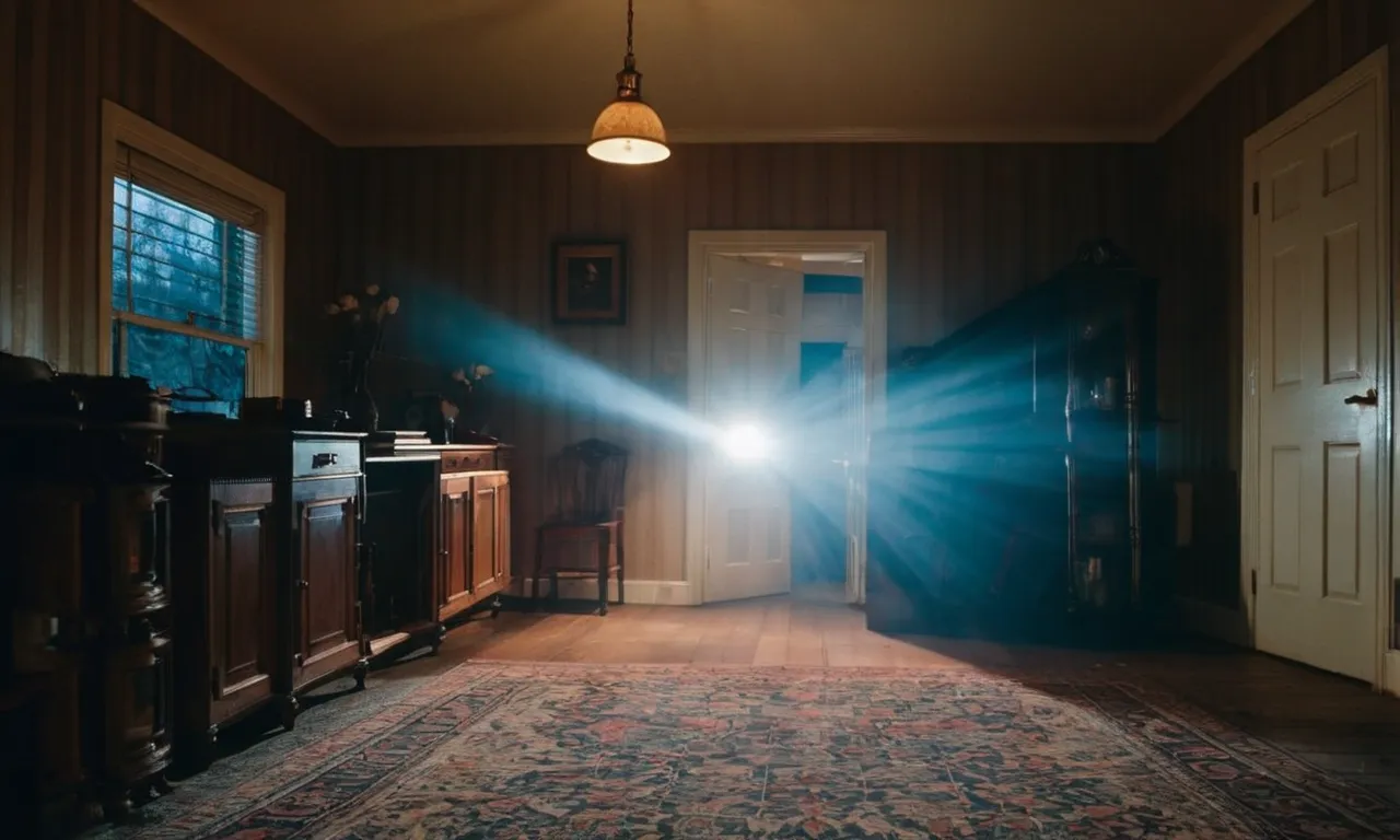 A dimly lit room with the only source of illumination being a powerful LED flashlight casting a strong beam of light, providing reliable emergency lighting during a power outage.