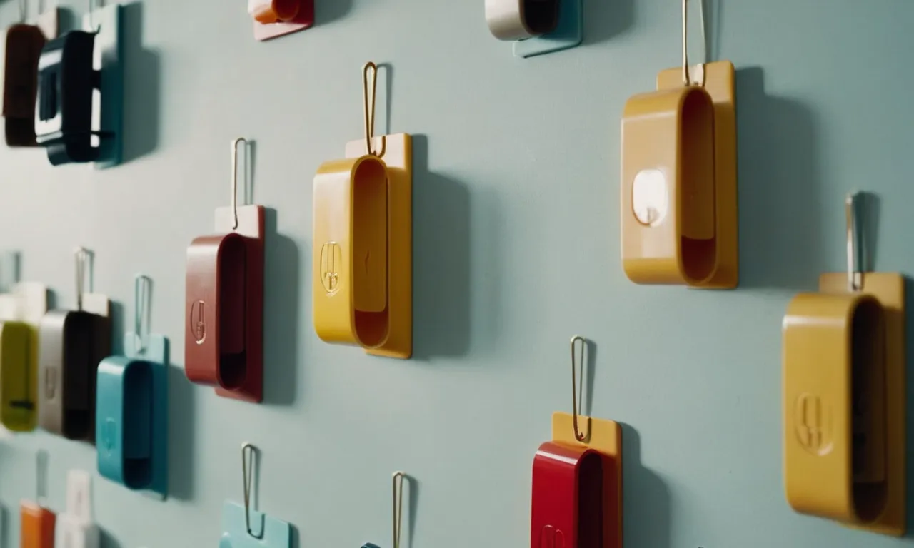 A close-up photo capturing a neatly organized display of adhesive hooks firmly attached to a pristine, painted wall, showcasing their seamless integration and ability to hold various items securely.