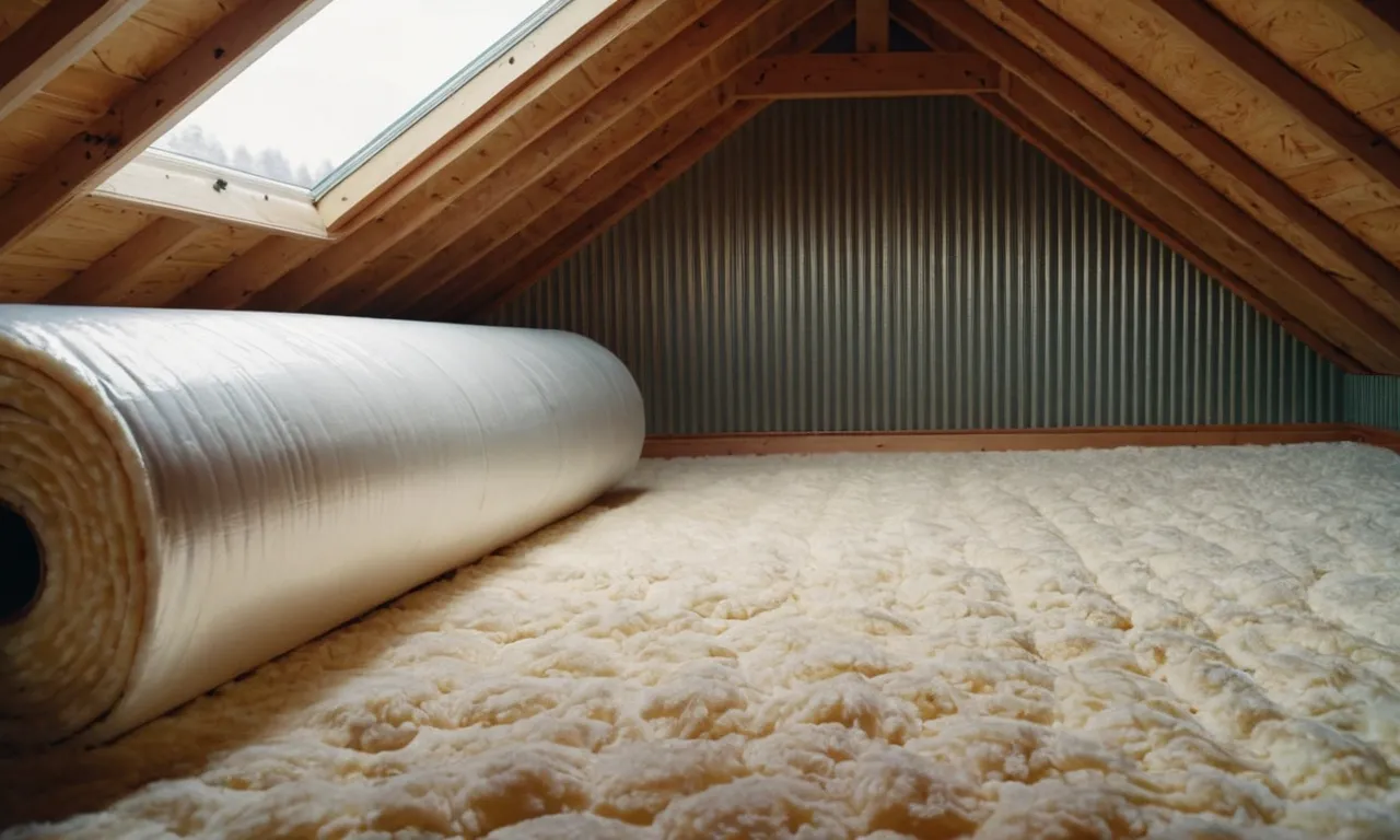 A close-up shot of a perfectly sealed attic, displaying rolls of insulation with a high R-value neatly lining the floor, ensuring maximum energy efficiency and reducing heat loss.