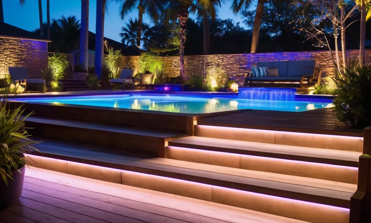A vibrant photograph captures the mesmerizing glow of waterproof LED strip lights illuminating a picturesque outdoor setting, enhancing the atmosphere with their brilliant colors and durable design.