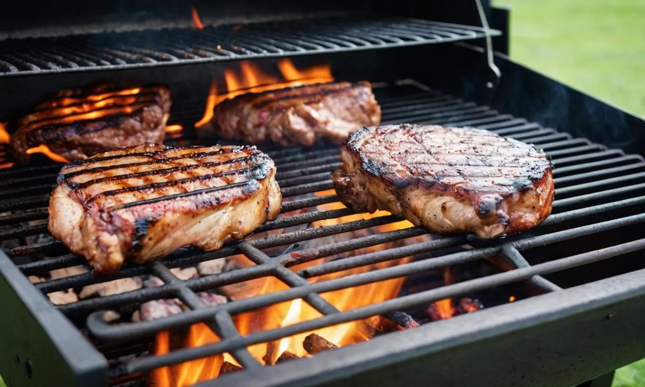 A close-up photo captures a pair of durable, heat-resistant BBQ gloves expertly handling sizzling meat on a hot grill, showcasing their reliability and protection during the grilling process.