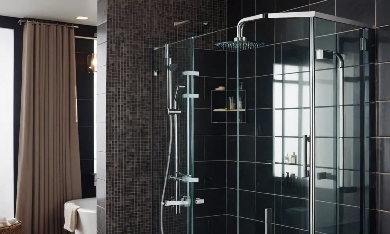 A close-up shot of a sleek, frameless shower door in a small bathroom, showcasing its space-saving design and modern aesthetic.