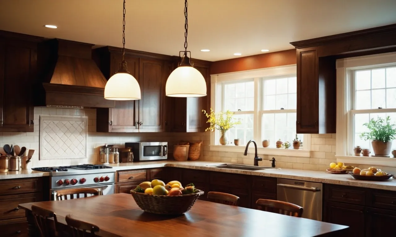 A captivating photo captures a well-lit kitchen table scene, as the warm glow of a pendant light cascades down, illuminating the table and creating a cozy atmosphere for a family gathering.