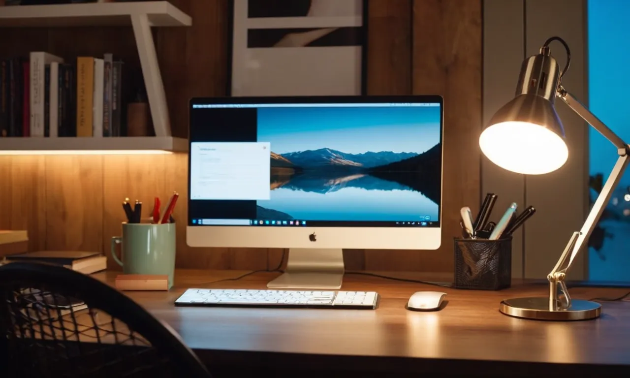 A close-up shot of a sleek, adjustable desk lamp illuminating a well-organized workspace, casting a soft, warm light on a laptop and a professional-looking individual engaged in a Zoom call.