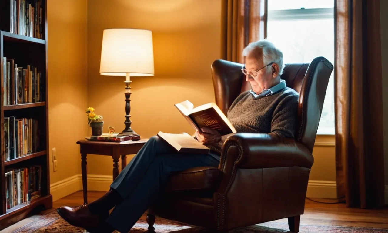 A photo capturing the warm glow of a reading floor lamp illuminating a cozy armchair, where a senior is engrossed in a book, showcasing the perfect lighting for comfortable reading.