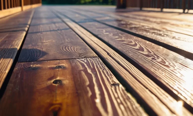 A close-up shot of a wooden deck, coated with a glossy, transparent sealant, glistening under the sunlight, showcasing its exceptional UV protection and preserving the natural beauty of the wood.