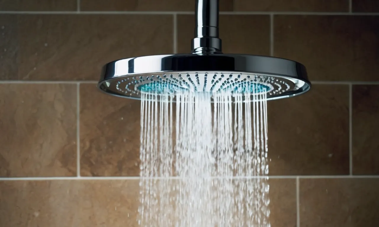 A close-up shot capturing the sleek design of a rainfall shower head with a handheld attachment, water cascading down from the showerhead like a gentle and refreshing rainstorm.