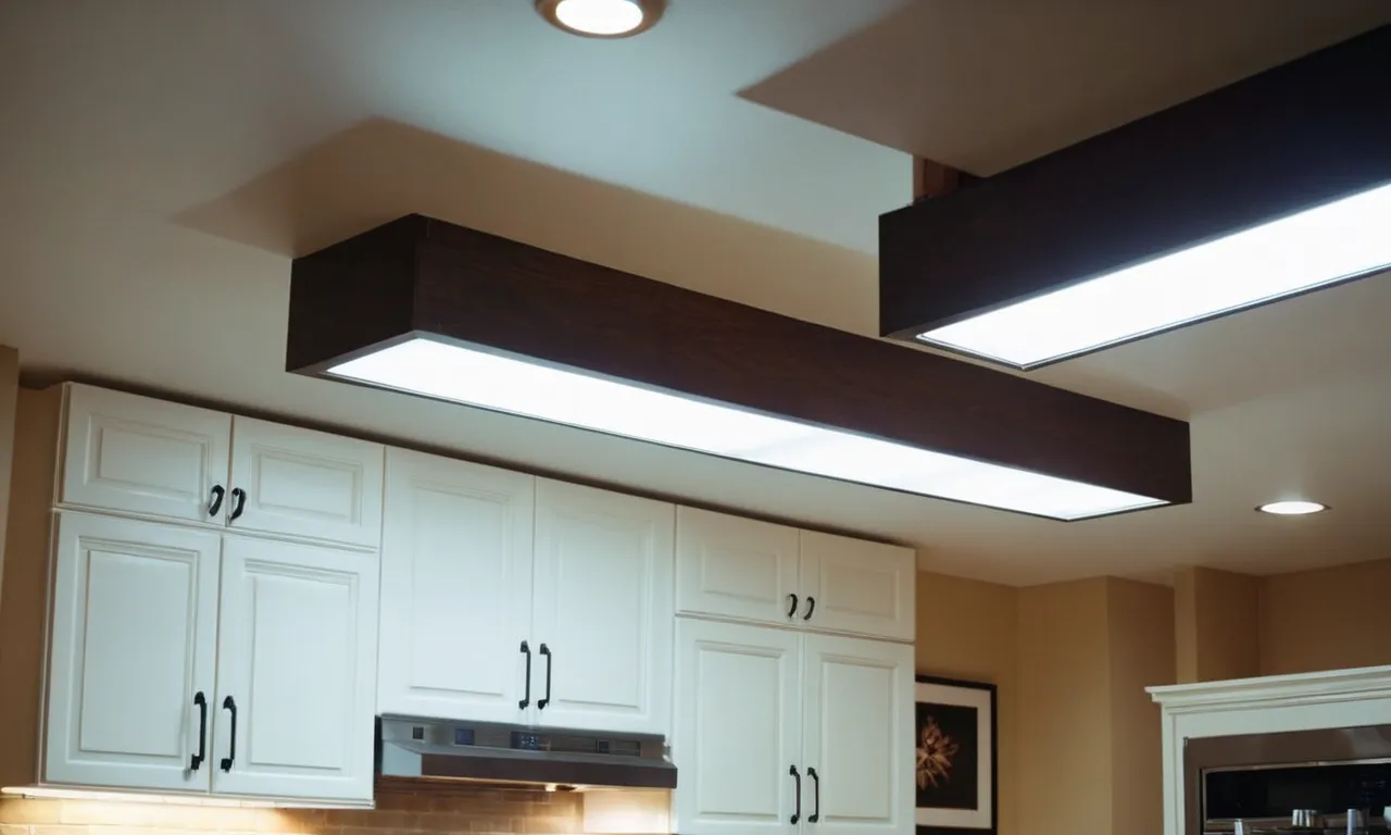 A close-up shot capturing a well-lit kitchen ceiling with recessed light bulbs, showcasing their bright illumination and highlighting the modern aesthetic they bring to the space.