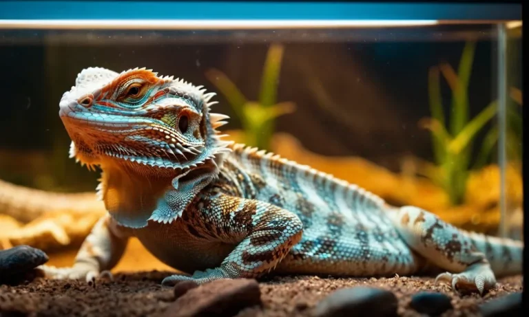 A close-up shot of a bearded dragon basking under the warm glow of a UVB light in its spacious 40-gallon tank, showcasing the perfect lighting setup for their health and well-being.
