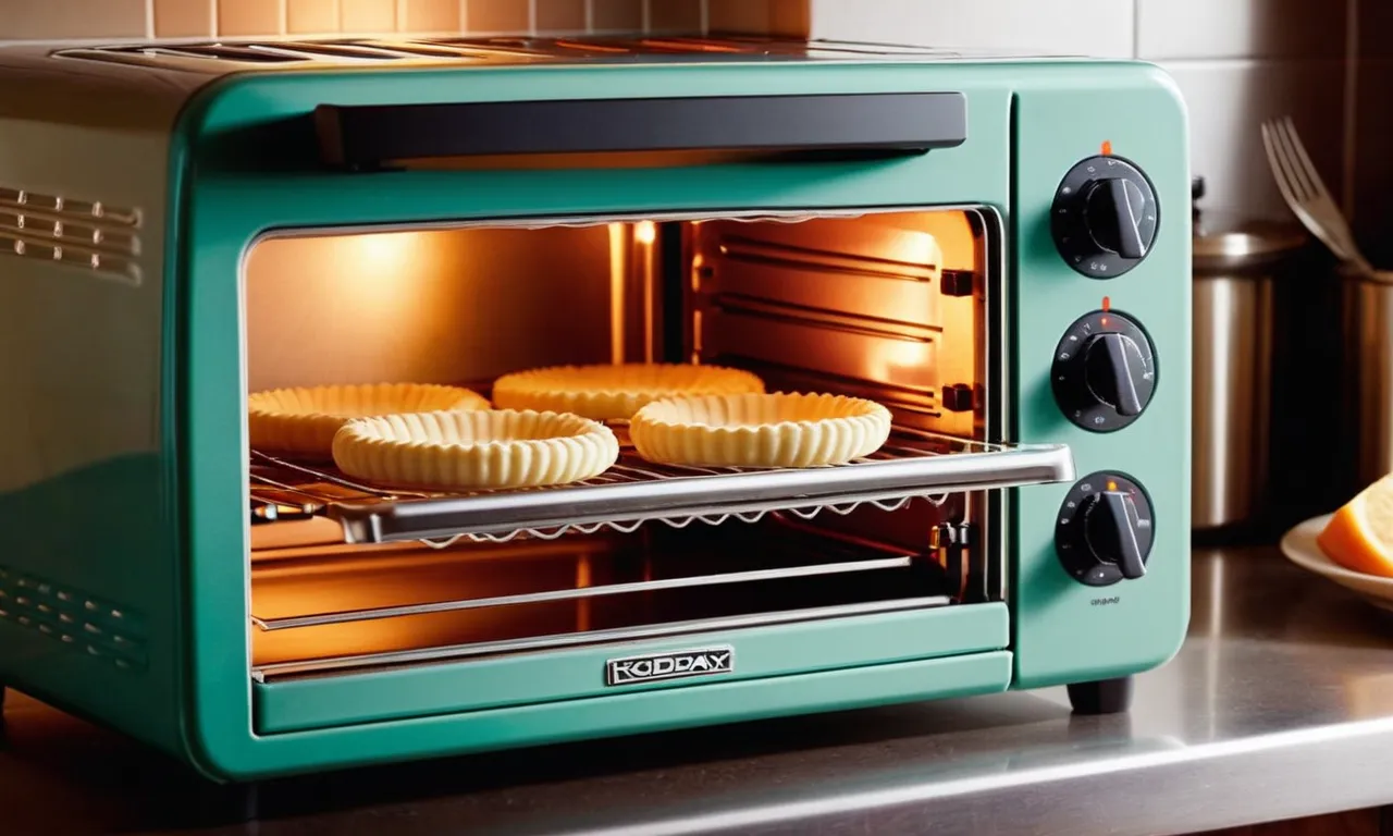 A close-up shot captures a vibrant polymer clay masterpiece sitting on a wire rack inside a sleek, compact toaster oven, radiating warmth and precision for the perfect baking experience.