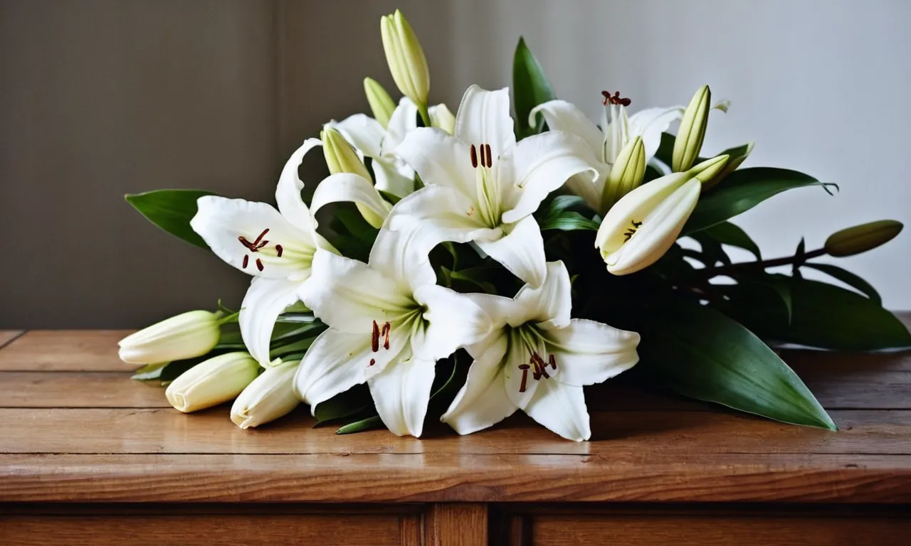A black and white photograph captures a bouquet of white lilies resting on a wooden table, symbolizing purity and offering solace as a heartfelt sympathy gift for the loss of a mother.
