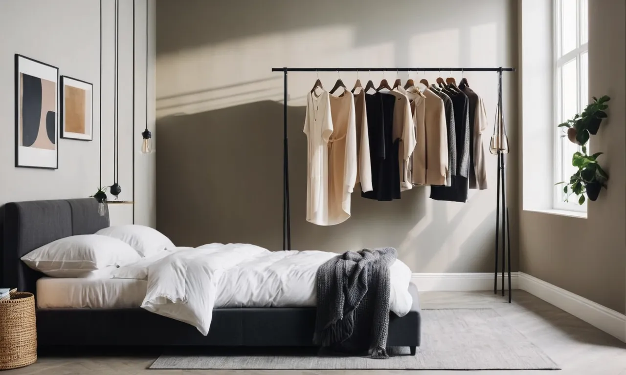 A minimalist, wall-mounted clothing rack in a small bedroom, cleverly utilizing vertical space to neatly display a curated collection of stylish garments, optimizing storage in limited areas.