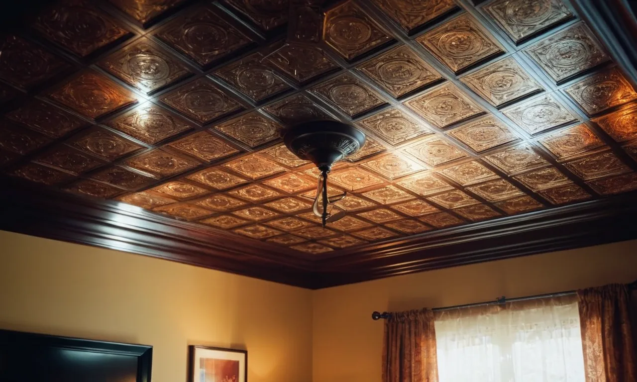 A stunning photograph capturing a living room ceiling bathed in warm, soft light, accentuating the intricate details of the design and creating a cozy ambiance.