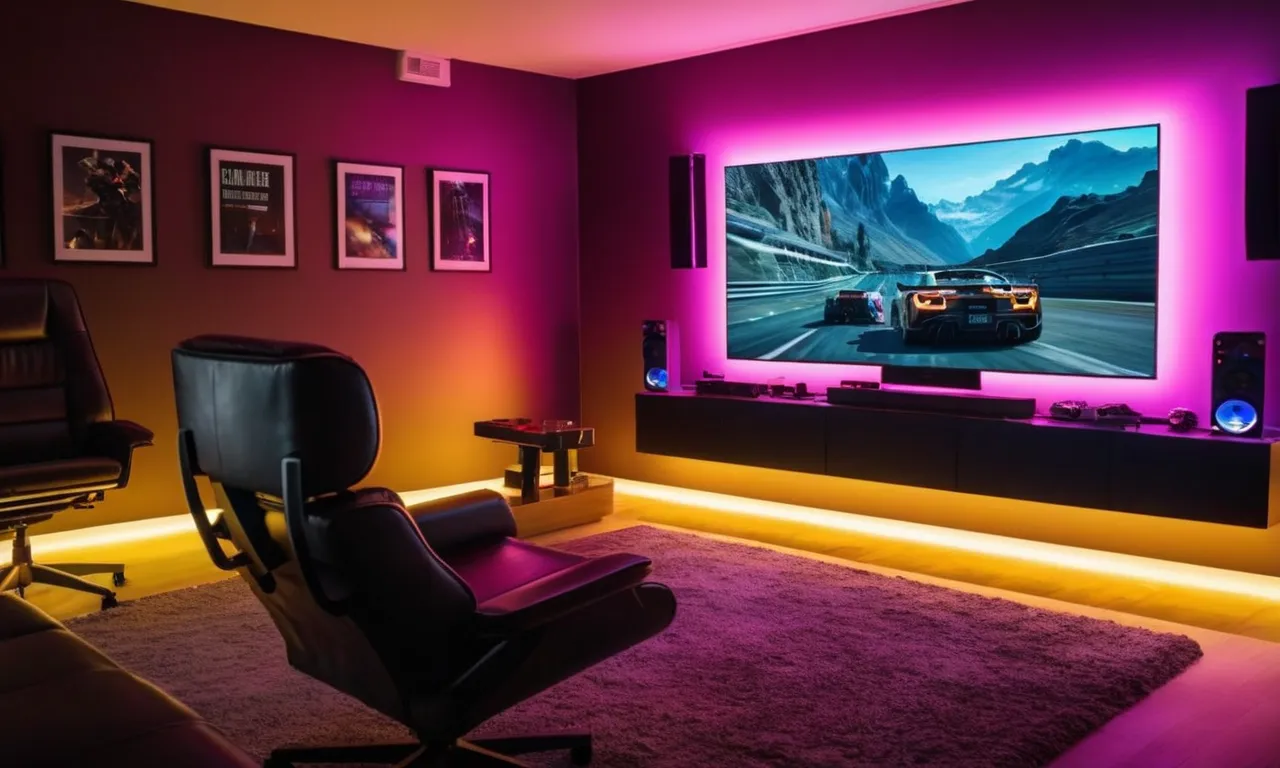 A vibrant photo capturing a gaming room illuminated by sleek wall lights, casting a soft glow on the walls, creating an immersive atmosphere for an ultimate gaming experience.