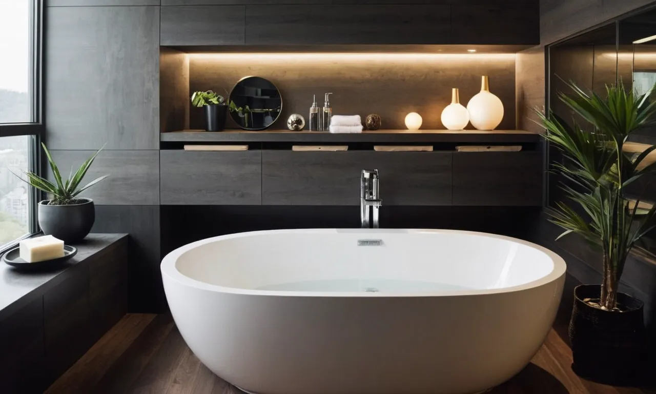 A close-up shot of a luxurious, compact soaking tub nestled in a small bathroom, showcasing its sleek design and efficient use of space.
