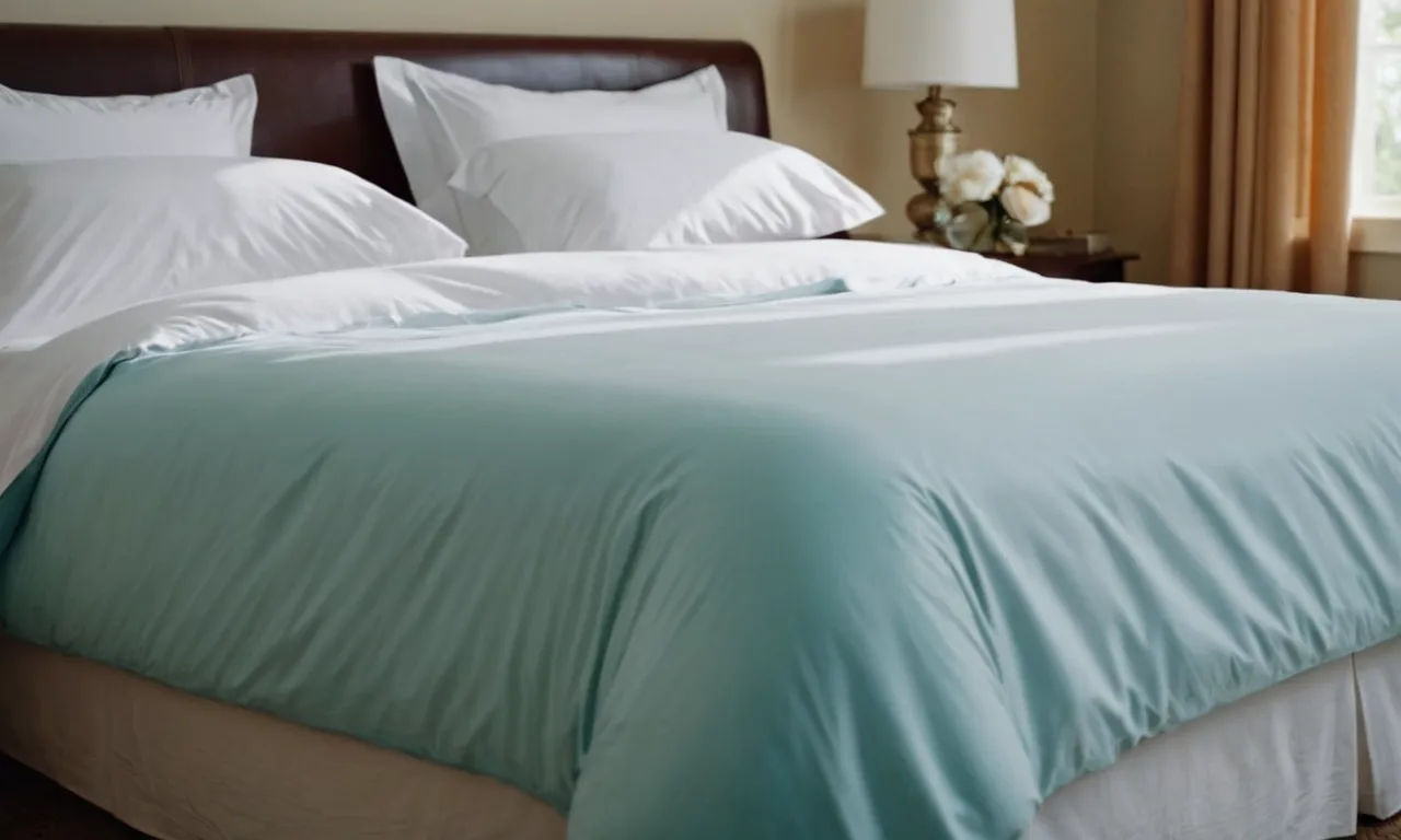 A close-up shot capturing a serene bedroom scene with crisp, breathable sheets in a refreshing color scheme, inviting hot sleepers to experience cool comfort without breaking the bank.