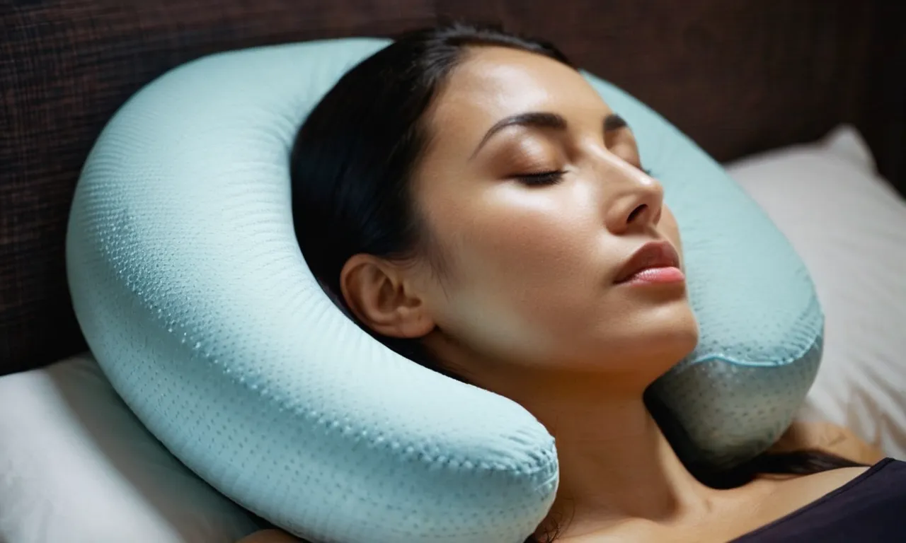 A close-up shot of a comfortable, contoured neck pillow, perfectly supporting a person's head and neck as they peacefully sleep in an upright position after surgery.