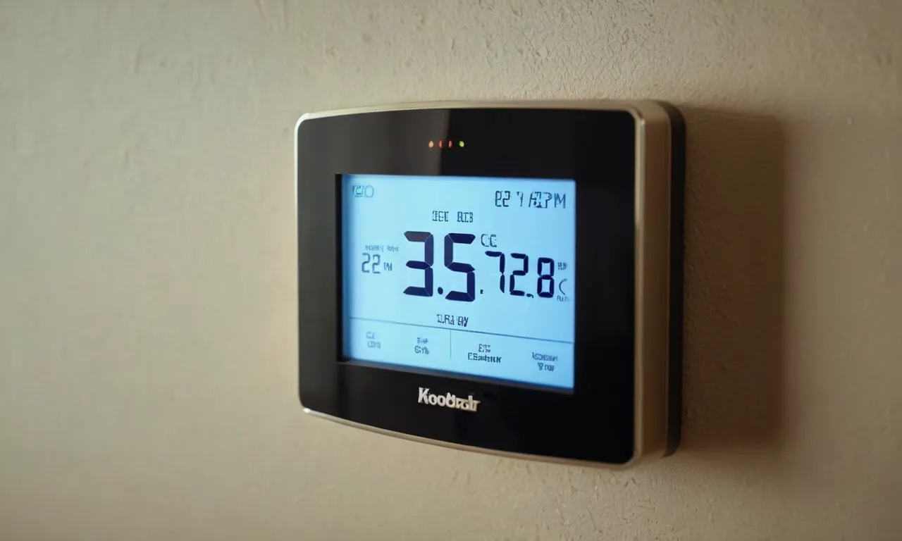 A close-up shot of a sleek, modern thermostat mounted on a wall, displaying the perfect temperature settings for a 2-story house, blending seamlessly with the interior decor.