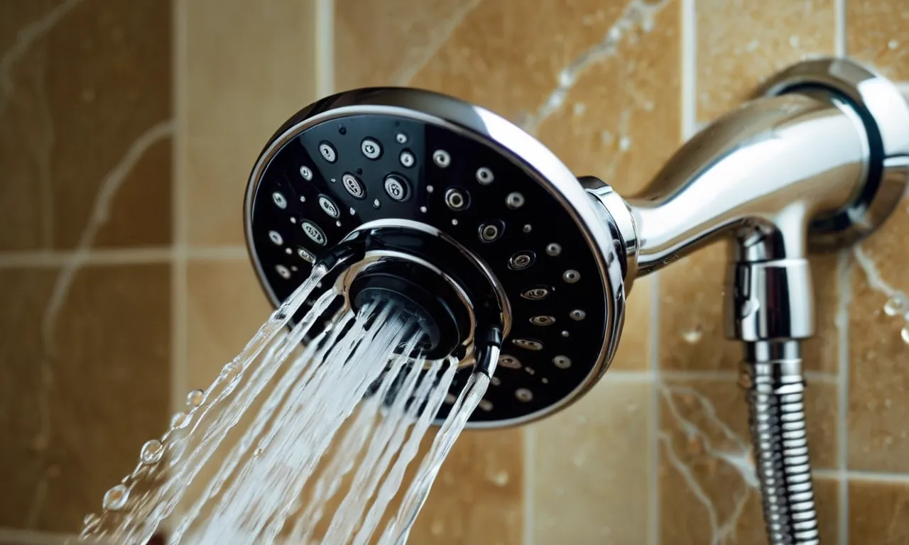A close-up shot captures a sleek handheld shower head with a long, flexible hose, water droplets glistening on its polished surface, promising a luxurious and convenient bathing experience.