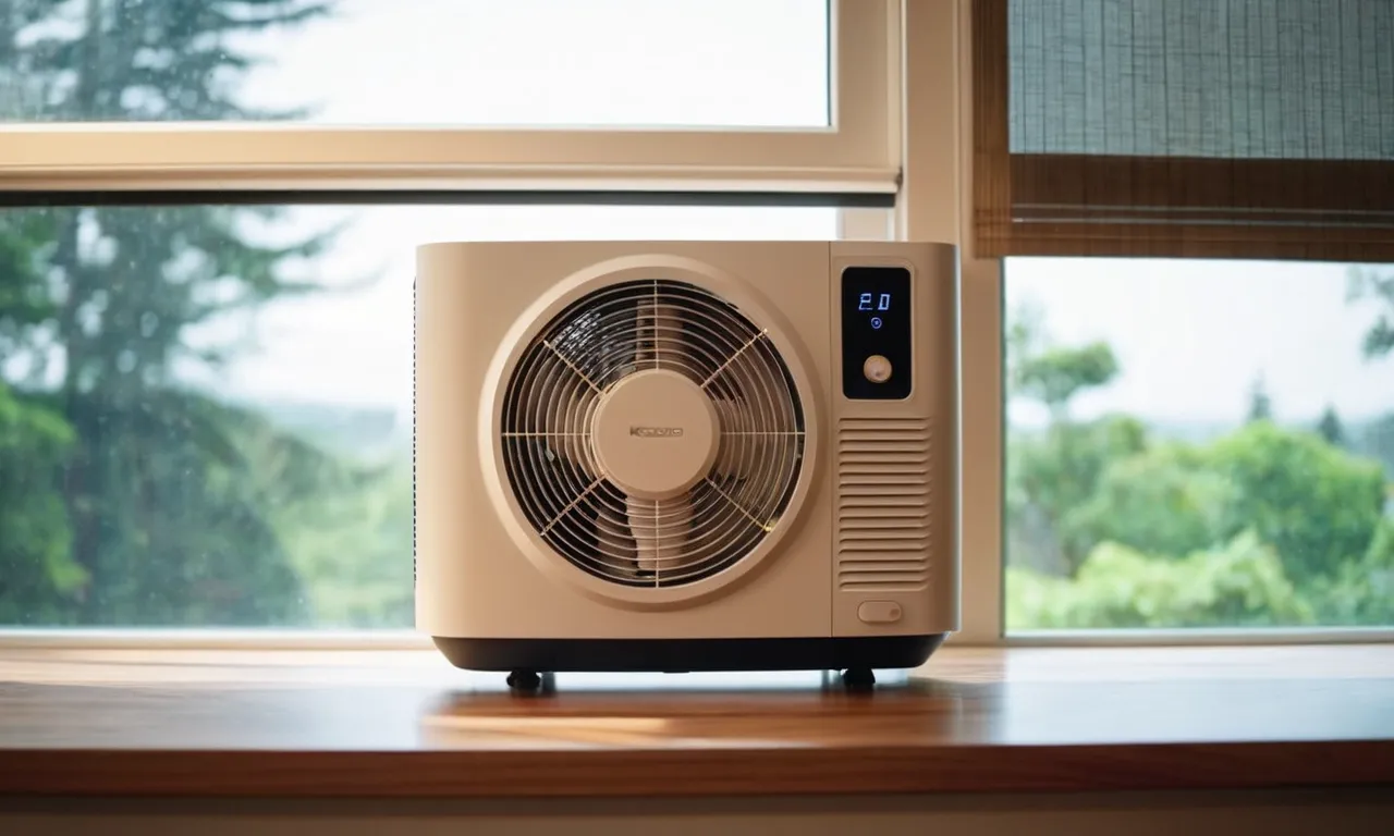 A close-up photo capturing a sleek, compact window fan perfectly fitted into a horizontal sliding window, providing optimal airflow and efficient cooling for the room.