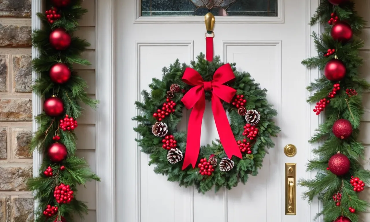 A close-up photo capturing a beautifully decorated front door adorned with an extravagant Christmas wreath, featuring vibrant red berries, lush evergreen foliage, and sparkling ornaments.