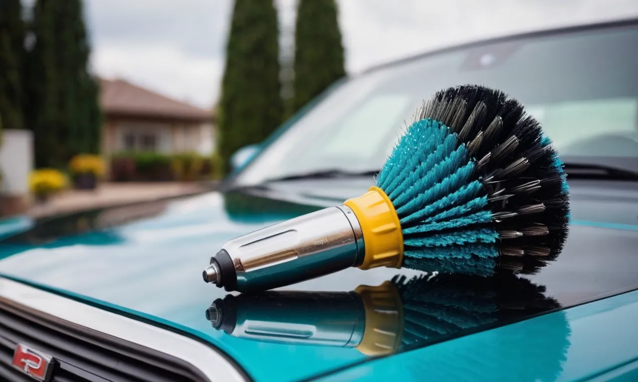 A close-up shot capturing the vibrant colors of a drill brush set, neatly arranged alongside a gleaming car, showcasing the perfect tools for achieving a flawless car detailing experience.