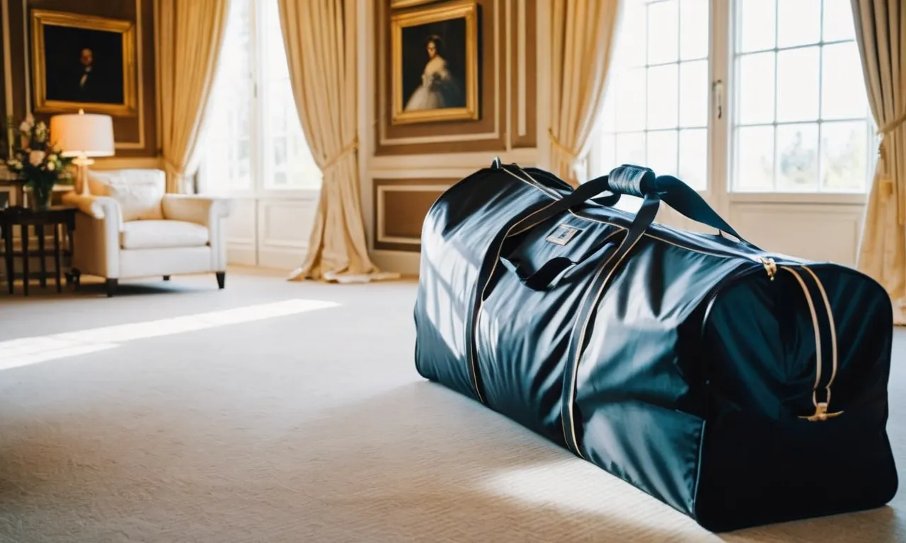 A beautifully captured image showcasing a sleek and elegant garment bag, specifically designed to protect and transport a stunning wedding dress, ensuring its safekeeping and pristine condition on the big day.
