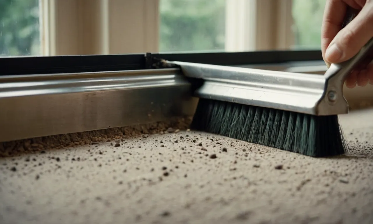 A close-up photo capturing a hand holding a narrow brush, meticulously removing dirt and debris from the intricate grooves of a sliding door track, ensuring smooth operation and optimal cleanliness.
