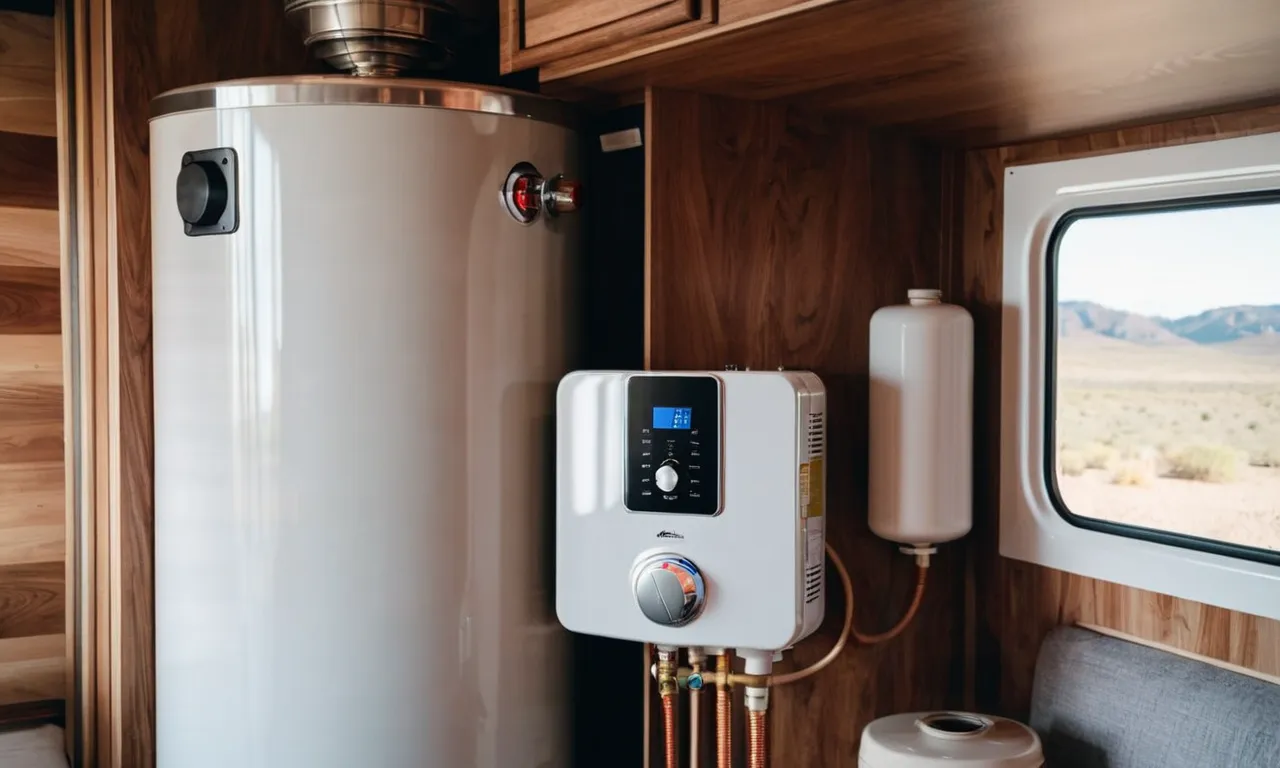 A close-up shot of a sleek and compact electric water heater installed in an RV, showcasing its efficiency and modern design.