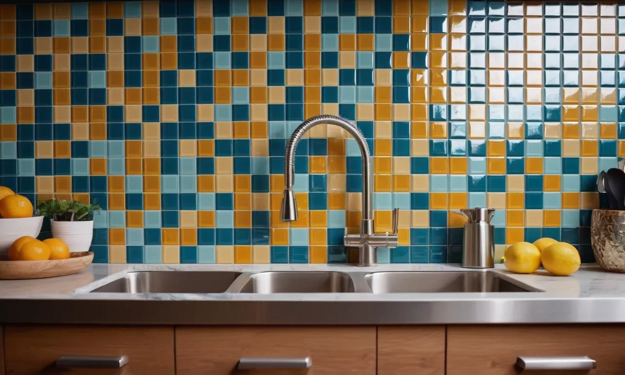 A close-up shot of a kitchen backsplash adorned with vibrant peel and stick tiles, showcasing their stylish design and easy application, perfect for a quick and stunning home renovation.