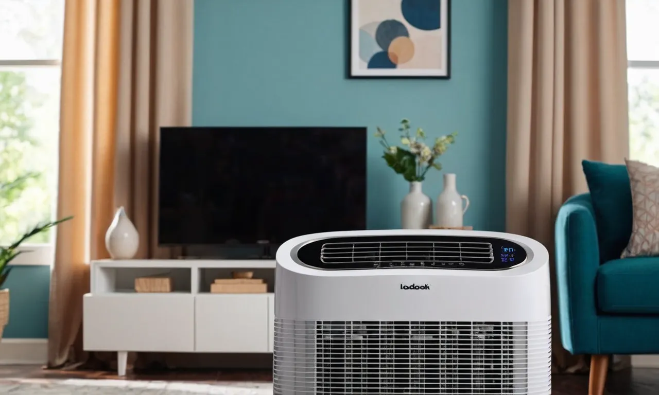 A close-up photo capturing the sleek design and digital display of the "best 12000 BTU portable air conditioner," against a backdrop of a cool and inviting room.