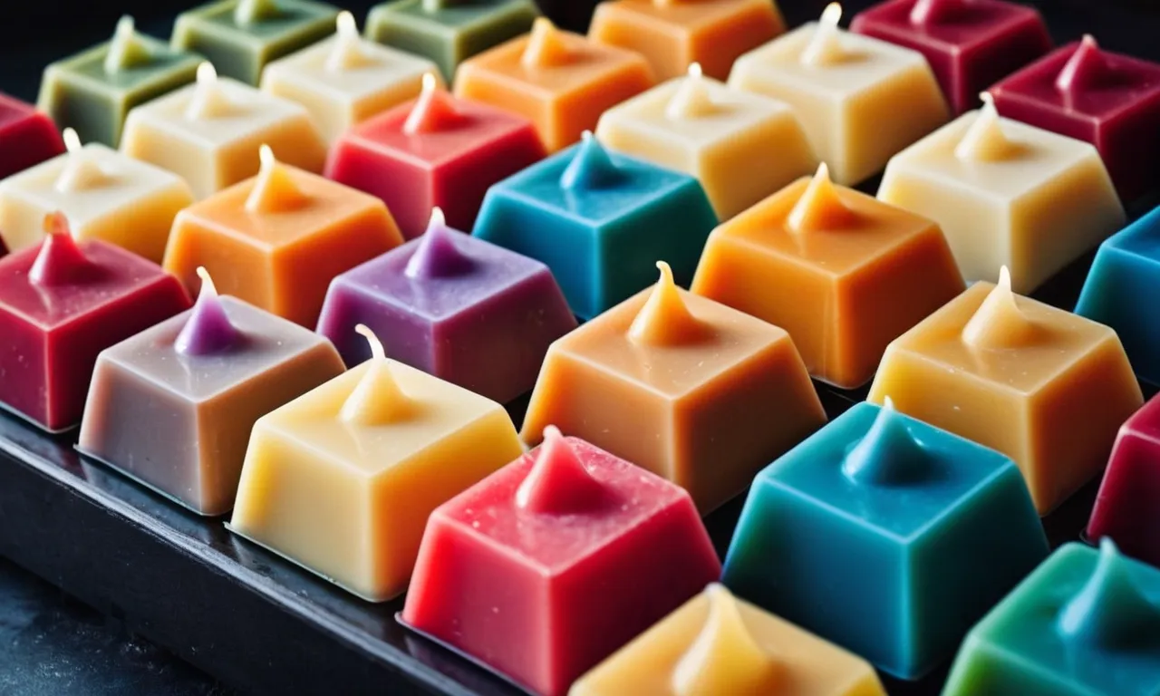 A close-up photo captures a beautiful arrangement of colorful wax melts, emanating delightful fragrances, showcased on an elegant display, ready to uplift any space with their enchanting scents.