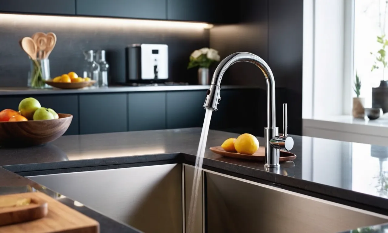 A close-up shot captures the sleek and modern design of a chrome kitchen faucet with a pull-out spray feature, adding convenience and style to any contemporary kitchen space.